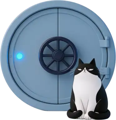Cosmo, the Workraft cat, sits calmly in front of a closed round vault door.