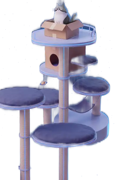 Cosmo, the Workraft cat, sits in his kraft box on the top deck of a 3D cat treehouse in space