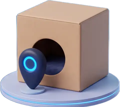 Attendance & GPS pod: a kraft box on a glowing deck with a location pin at the doorway