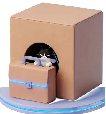 A kraft pod on the line with a briefcase in its round doorway and Cosmo the cat sitting just behind it.
