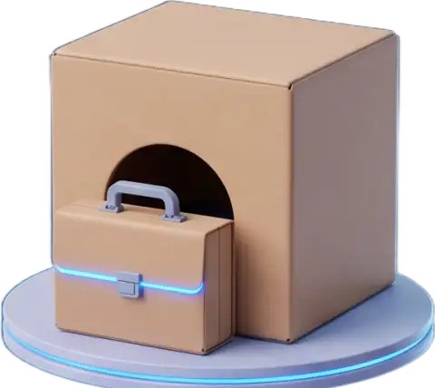 Clients & pipeline pod: a kraft box on a glowing deck with a briefcase in the doorway