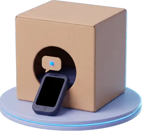 Communications pod: a kraft box on a glowing deck with a phone and a chat bubble in the doorway