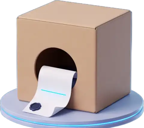 Documents & compliance pod: a kraft box on a glowing deck with a sealed document rolling out of the doorway