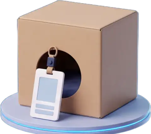 Recruiting & onboarding pod: a kraft box on a glowing deck with an ID badge on a lanyard at the doorway
