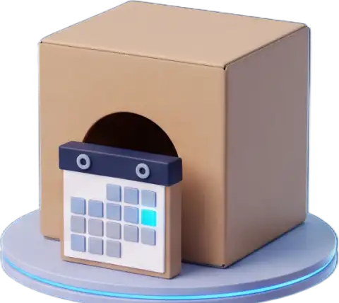 Scheduling & availability pod: a kraft box on a glowing deck with a calendar in the doorway