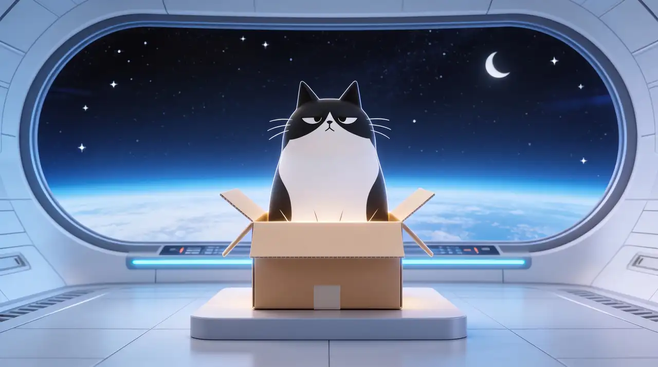 Cosmo, the Workraft cat, commands from his kraft box on a spaceship bridge in front of a wide window onto space.