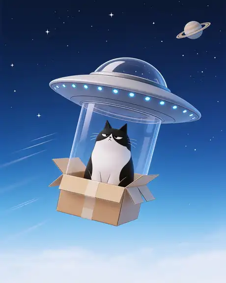 Cosmo, the Workraft cat, in his cardboard box under a flying saucer