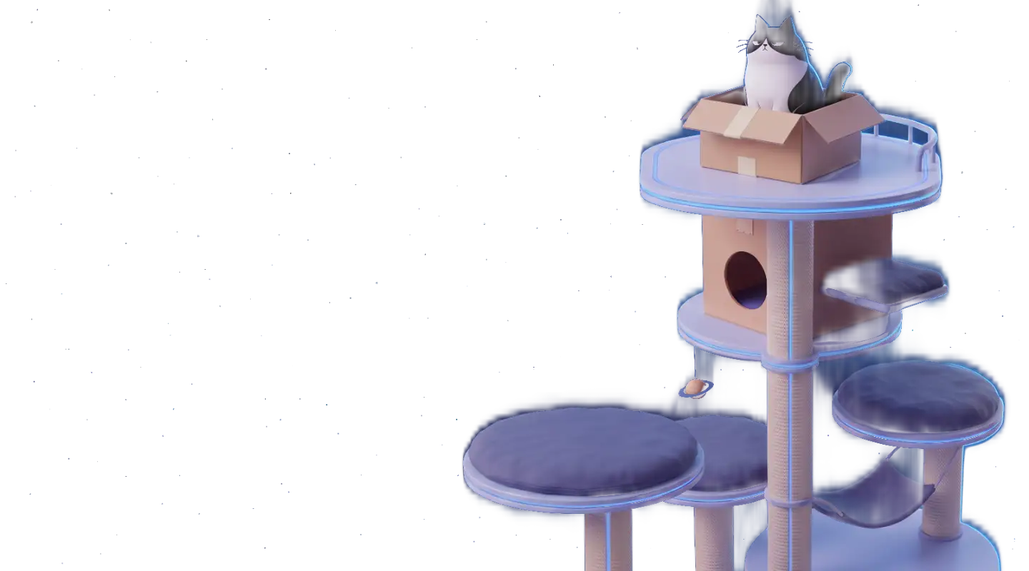 Cosmo, the Workraft cat, sits in his kraft box on the top deck of a 3D cat treehouse in space