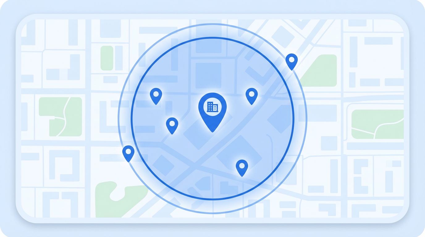 Top-down map view with a circular geofence boundary drawn around a central work-site building and several blue GPS pins representing workers.