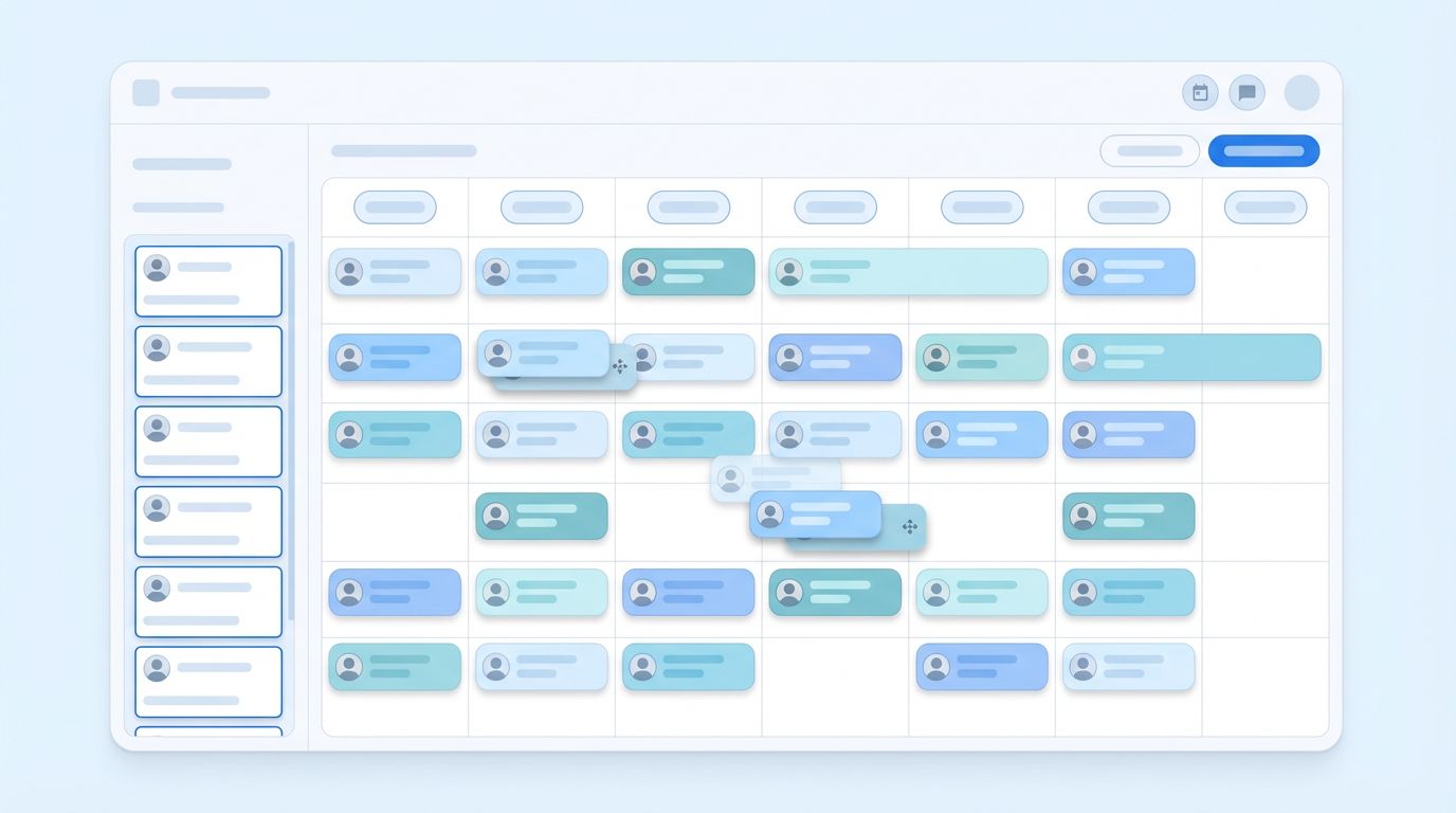 Drag-and-drop weekly shift calendar with colorful shift blocks arranged across the week and a worker sidebar on the left.
